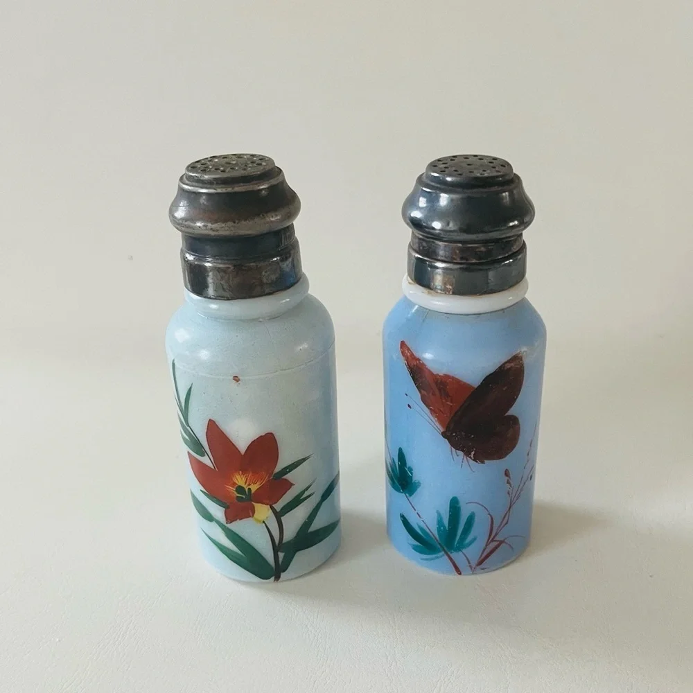Hand-Painted Floral and Butterfly  Milk Glass Salt Pepper Shaker Set